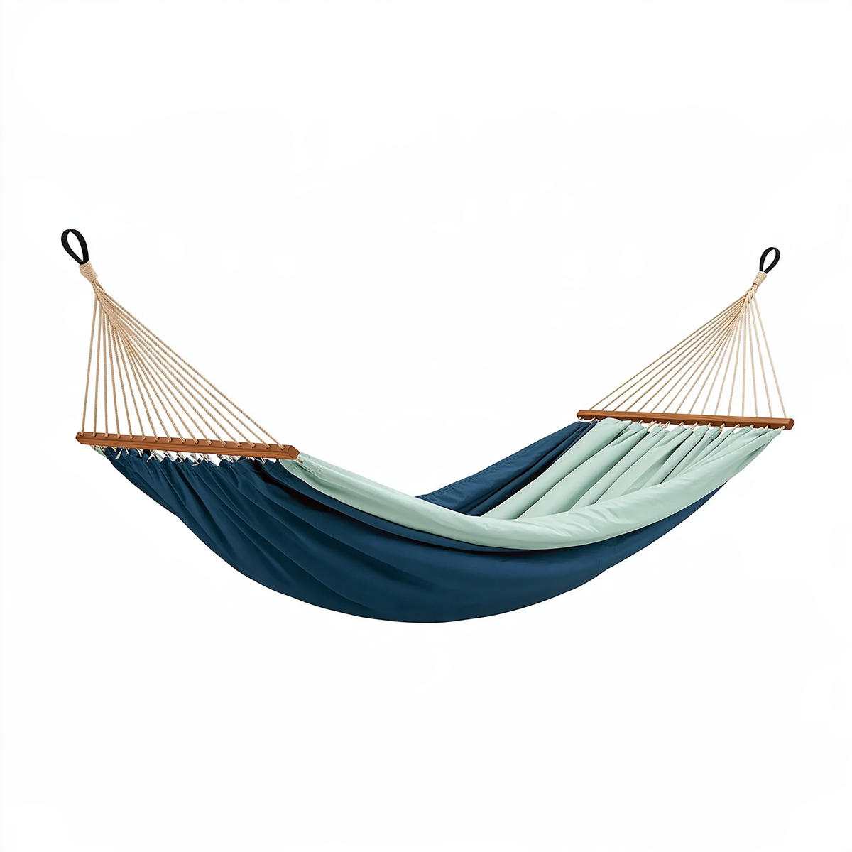 Amaca 300 x 140 cm in tessuto blu navy e verde acqua con barre in legno - sospesa da esterno