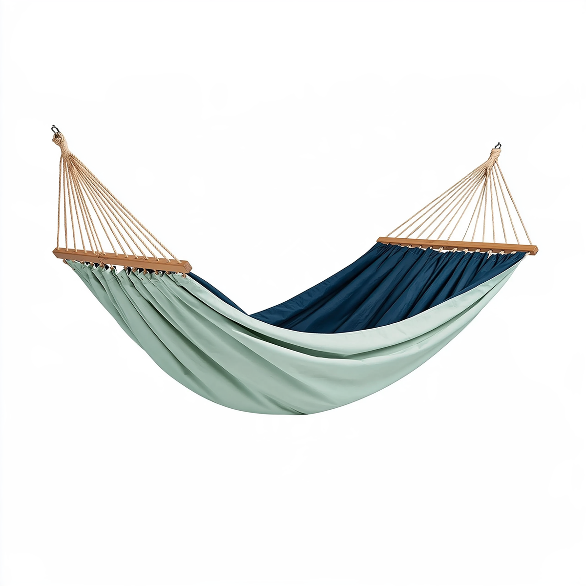 Amaca 320 x 150 cm in tessuto blu navy e verde salvia con barre in legno per giardino