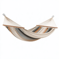 Amaca 320 x 150 cm in tessuto a righe beige grigio e marrone - con barre in legno per relax da esterno