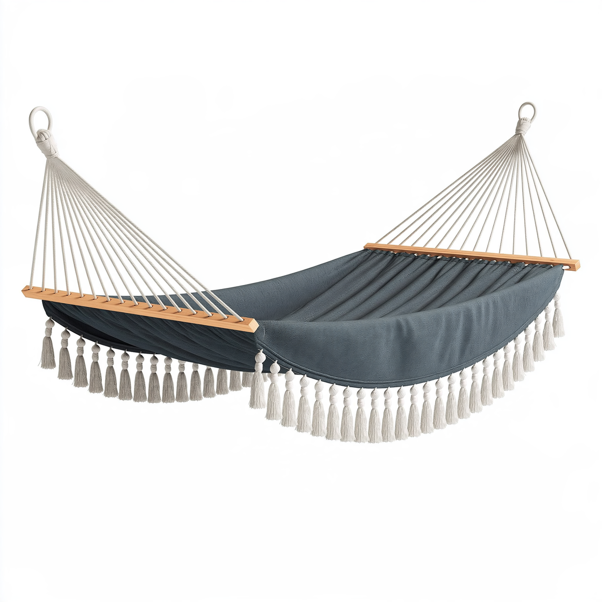 Amaca sospesa 200 x 100 cm in cotone blu grigio con barre in legno stile boho