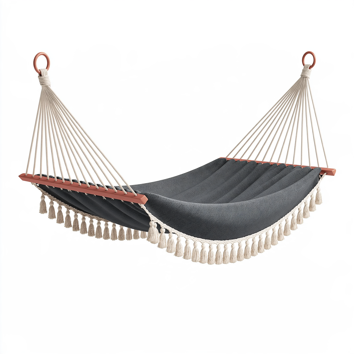Amaca 320 x 140 x 120 cm in tessuto grigio con barre in legno per giardino