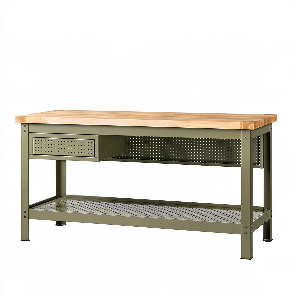 Banco da lavoro 120 x 60 x 90 cm in legno e metallo verde con cassetto e ripiano stile industriale