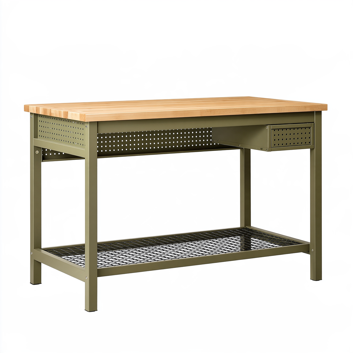 Tavolo da lavoro 120 x 60 x 90 cm in legno e acciaio verde oliva con cassetto e ripiano