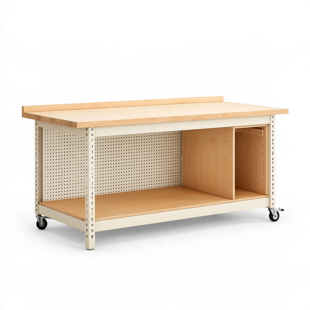 Banco da lavoro 120 x 60 x 90 cm in legno e metallo avorio con ruote e vano portaoggetti