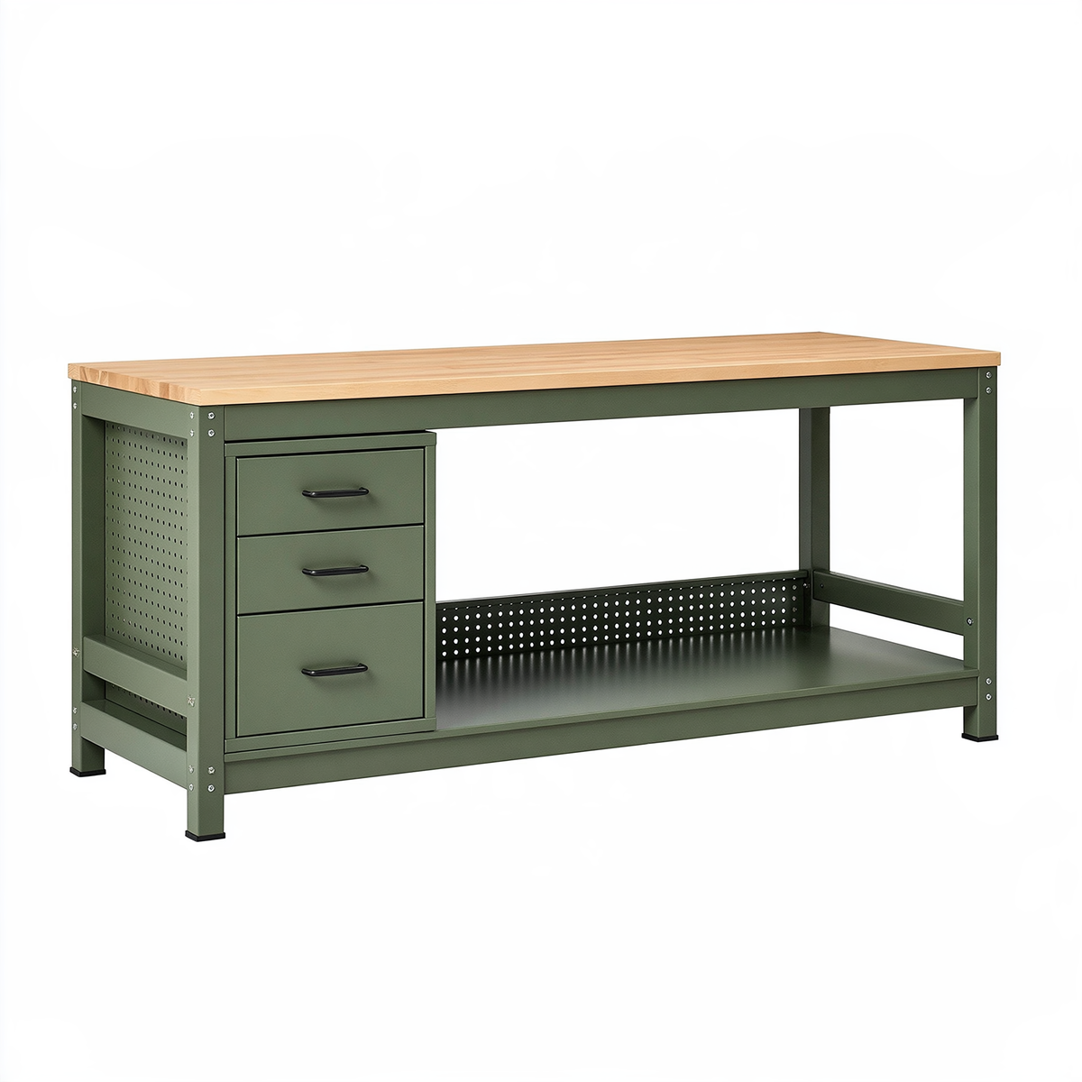Banco da lavoro 120x60x90 cm in metallo verde e piano in legno con 3 cassetti
