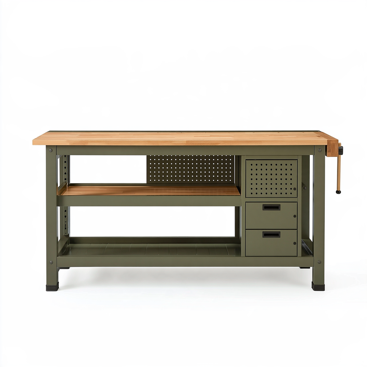 Banco da lavoro 152 x 62 x 90 cm in legno e metallo verde con piano regolabile e contenitori