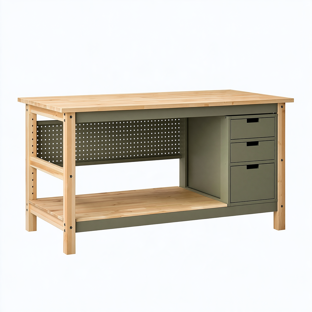 Banco da lavoro 160 x 80 x 90 cm in legno e metallo verde con 3 cassetti