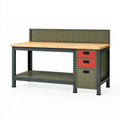 Banco da lavoro 160 x 60 x 150 cm in acciaio e legno con pannello portautensili e cassetti