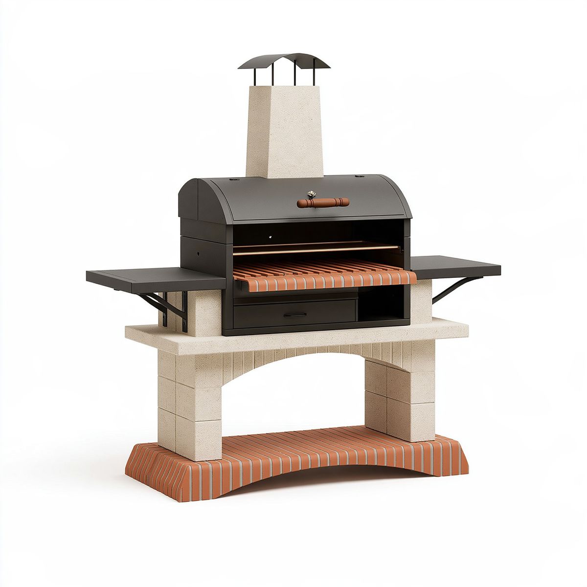 Barbecue da giardino 160 x 80 x 220 cm in metallo nero e muratura con griglia e ripiani laterali