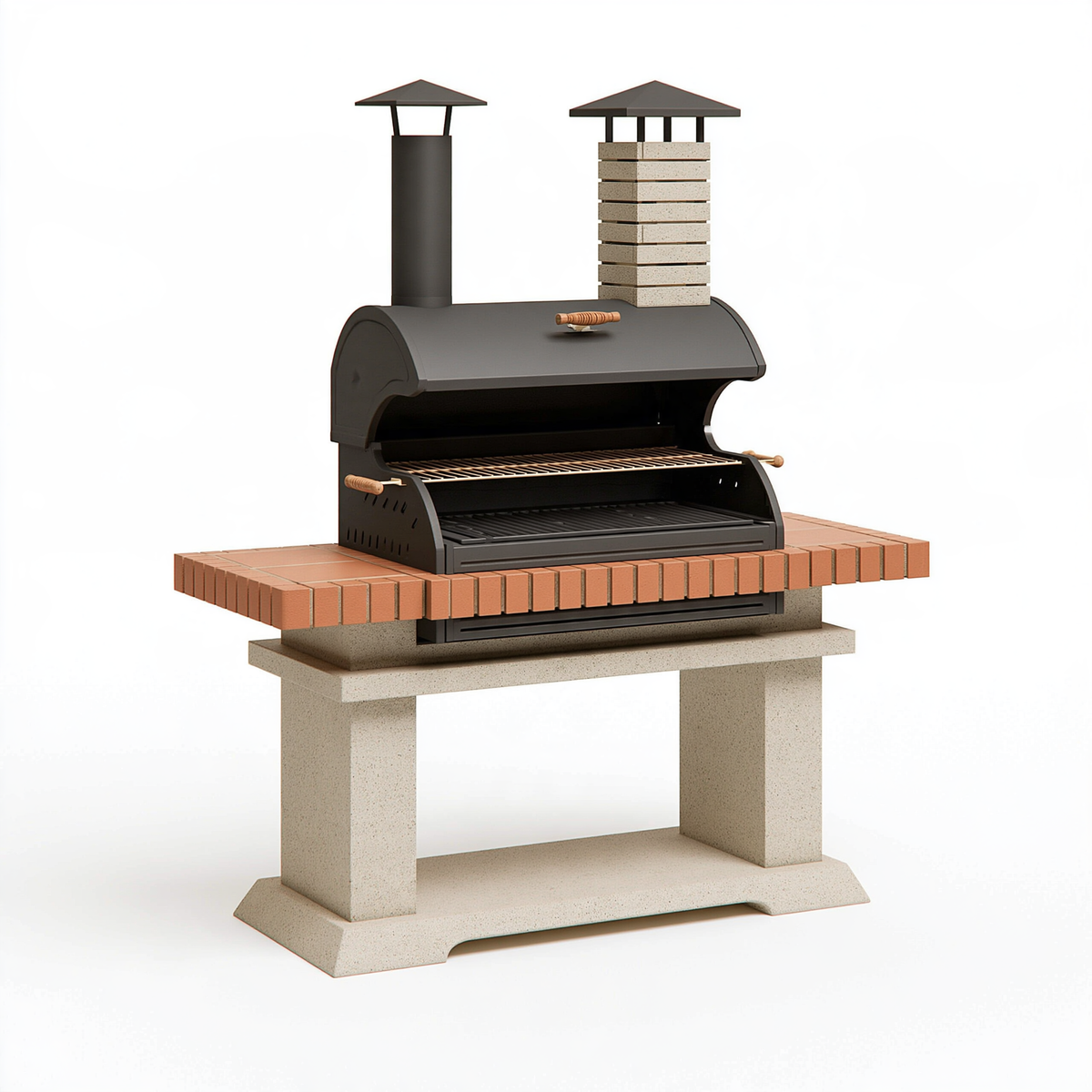 Barbecue da esterno 150 x 75 x 200 cm in acciaio nero e muratura con doppia canna fumaria