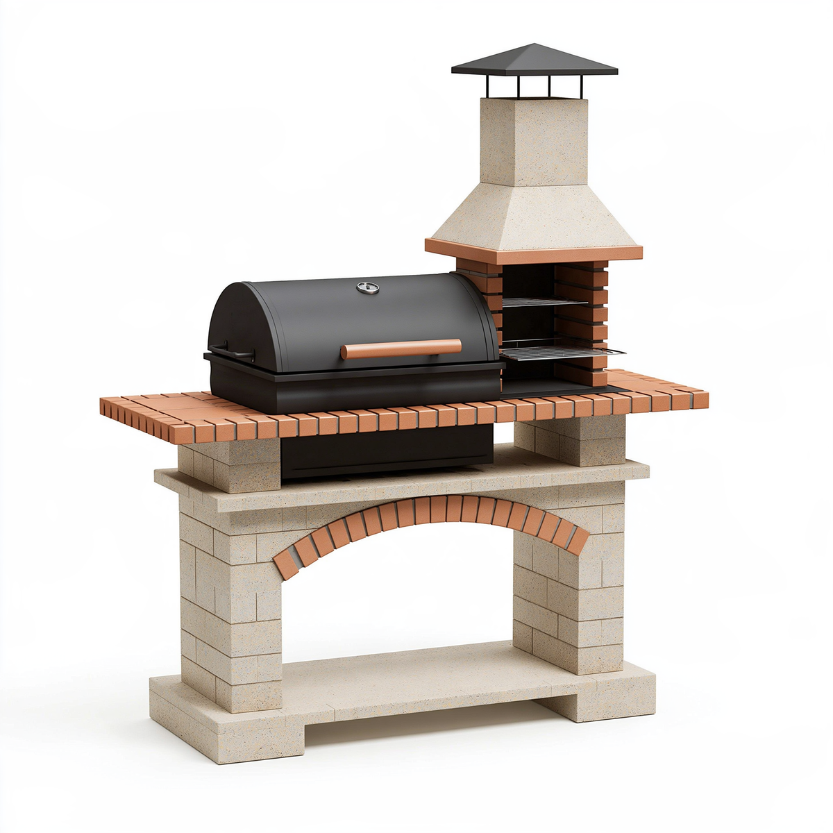 Barbecue da esterno 140 x 70 x 220 cm in muratura e acciaio nero beige con cappa per grigliare