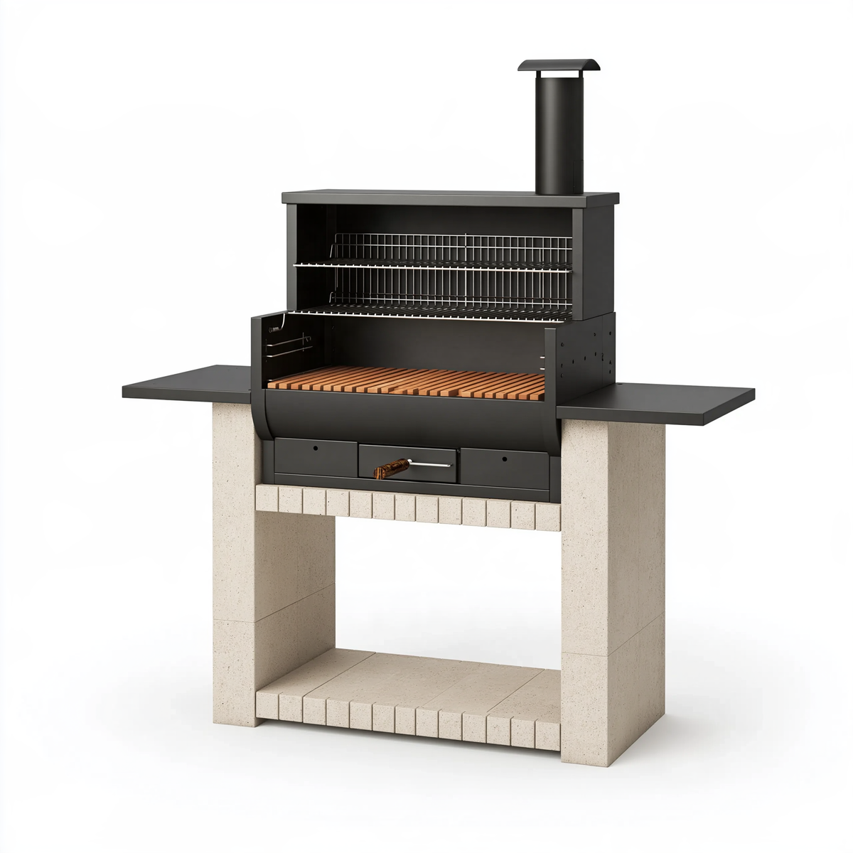 Barbecue da giardino 160 x 70 x 220 cm in acciaio e cemento refrattario nero beige con griglia regolabile