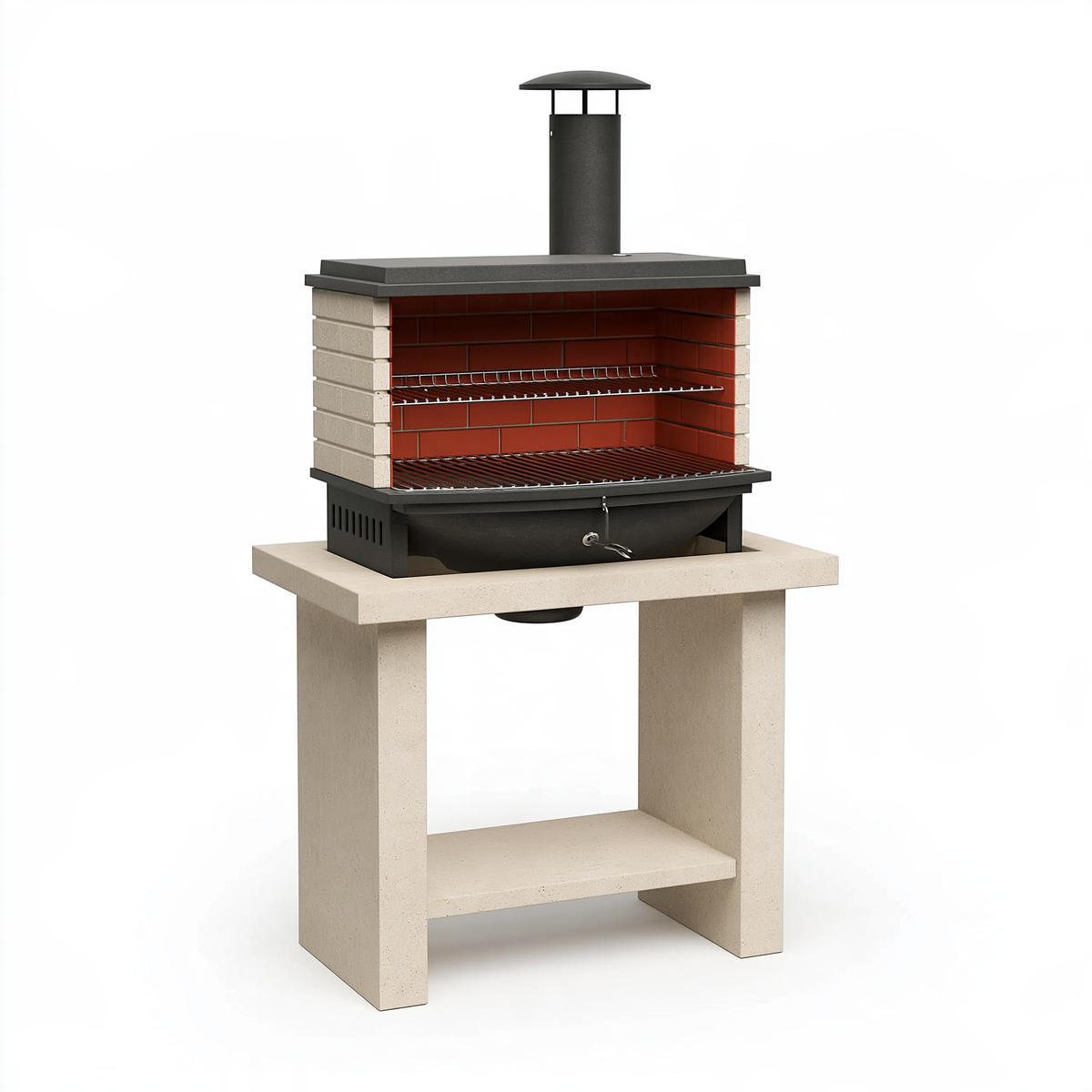 Barbecue in muratura 100 x 60 x 210 cm nero beige e rosso con griglie in acciaio e camino