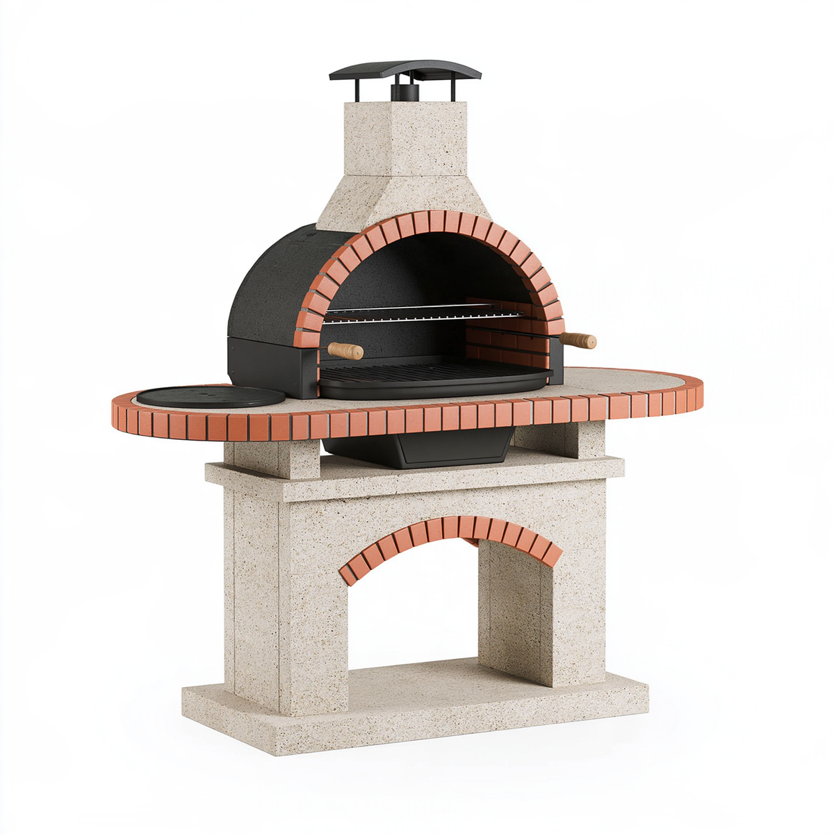Barbecue da giardino 150 x 75 x 210 cm in cemento refrattario beige e nero con griglia in acciaio