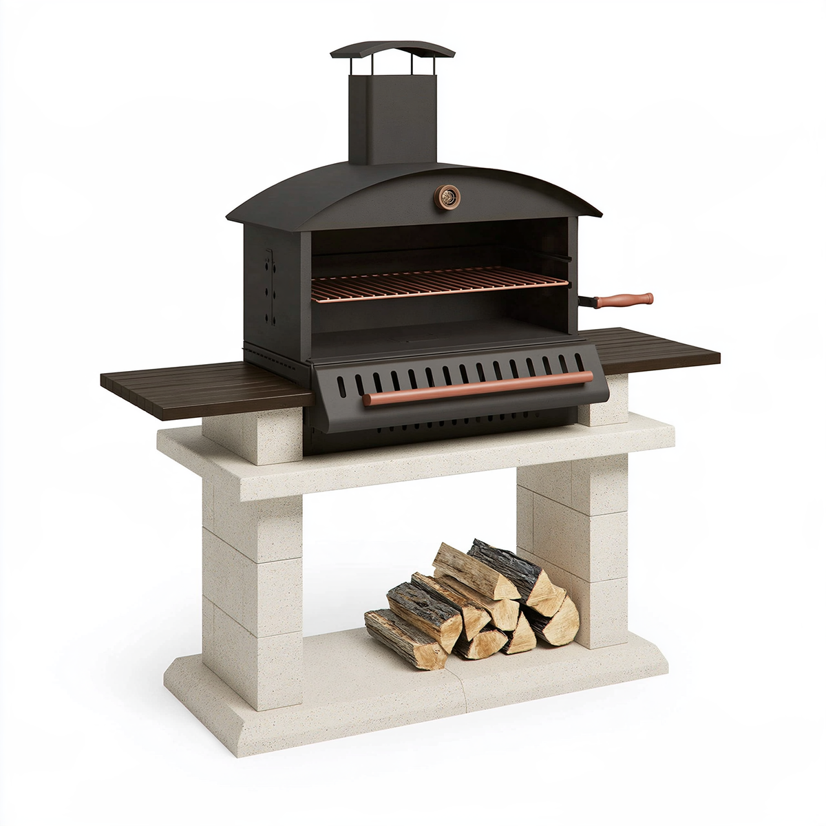 Barbecue da giardino a legna 160 x 75 x 185 cm in acciaio nero con griglia regolabile