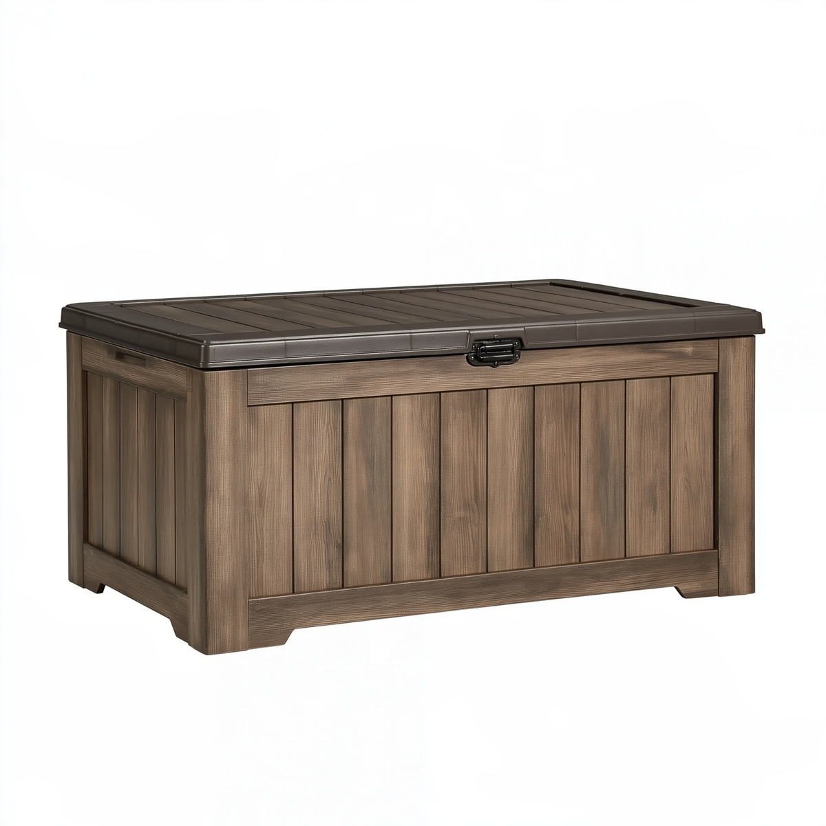 Baule contenitore da esterno 120 x 62 x 63 cm in resina marrone scuro effetto legno con coperchio