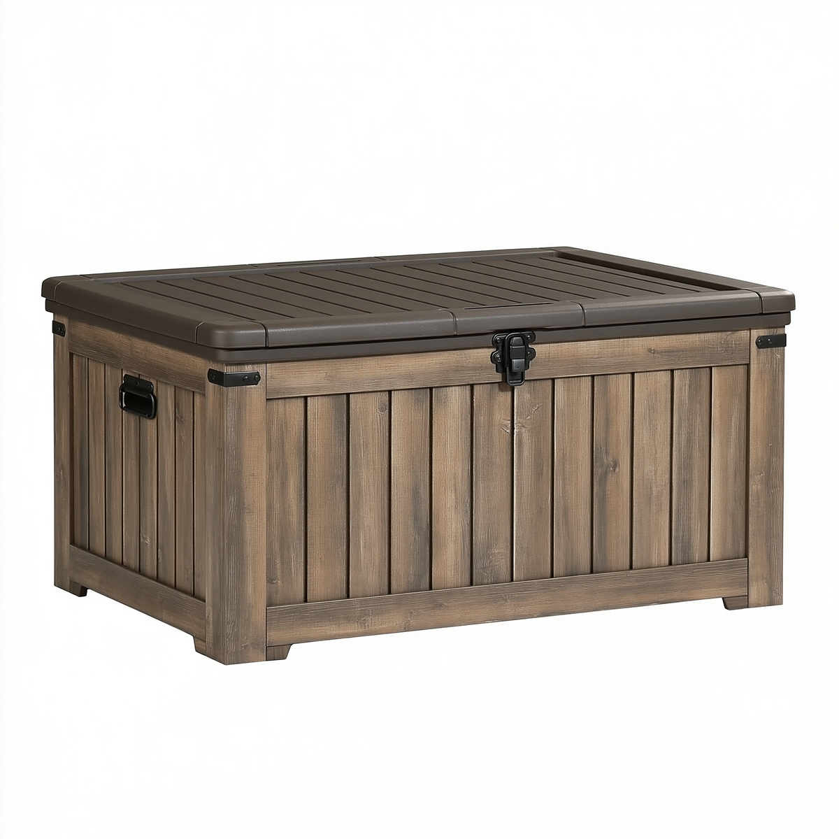 Cassapanca contenitore da esterno 120 x 65 x 70 cm in resina marrone effetto legno con coperchio