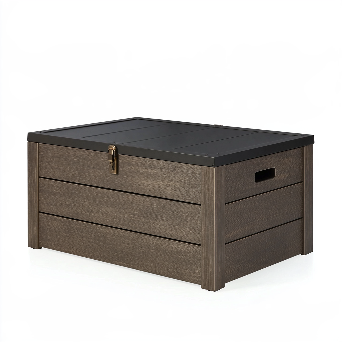 Cassapanca contenitore da esterno 120 x 60 x 63 cm in resina effetto legno marrone con coperchio nero - contenitore con chiusura