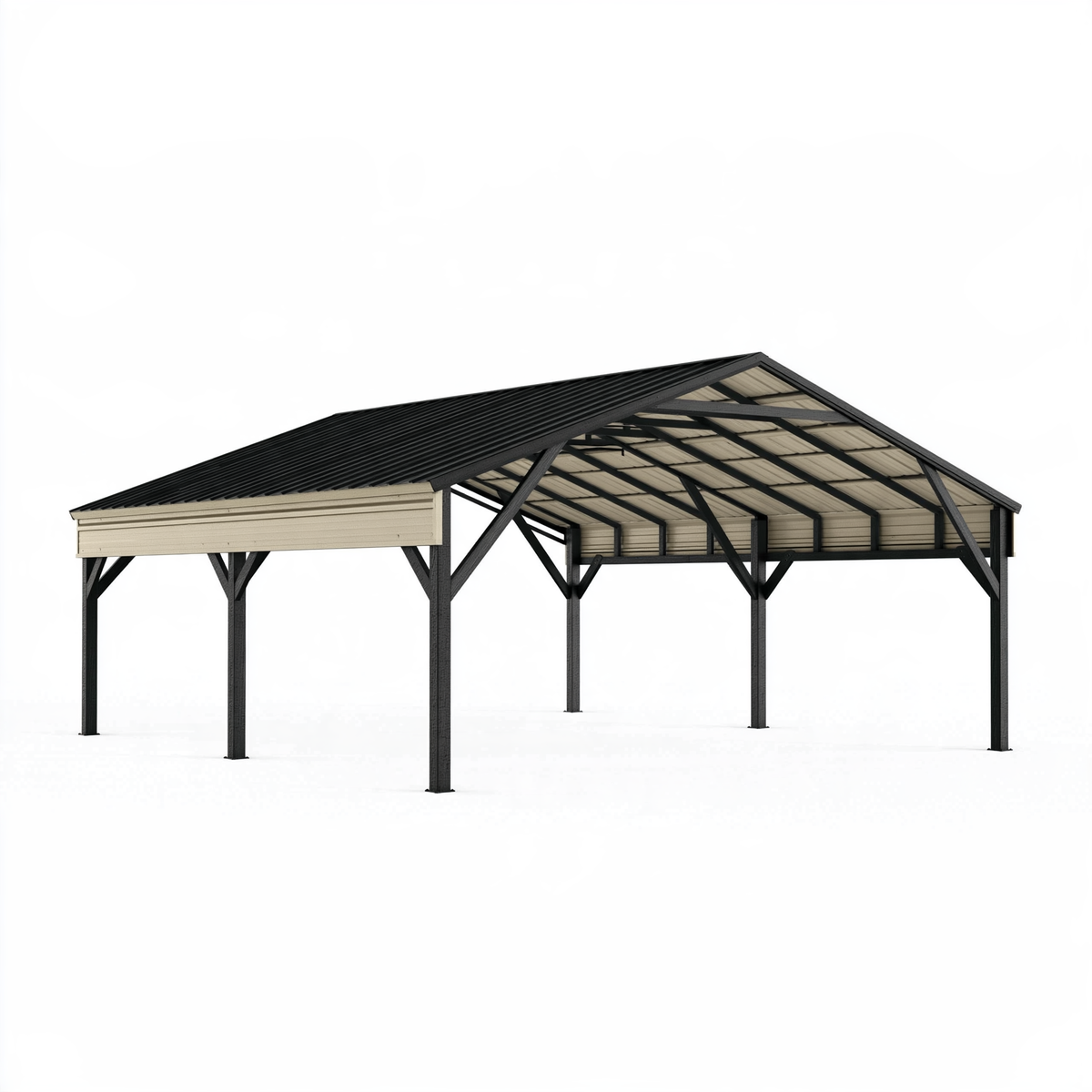 Tettoia autoportante 600 x 300 x 270 cm in acciaio nero e beige per esterni