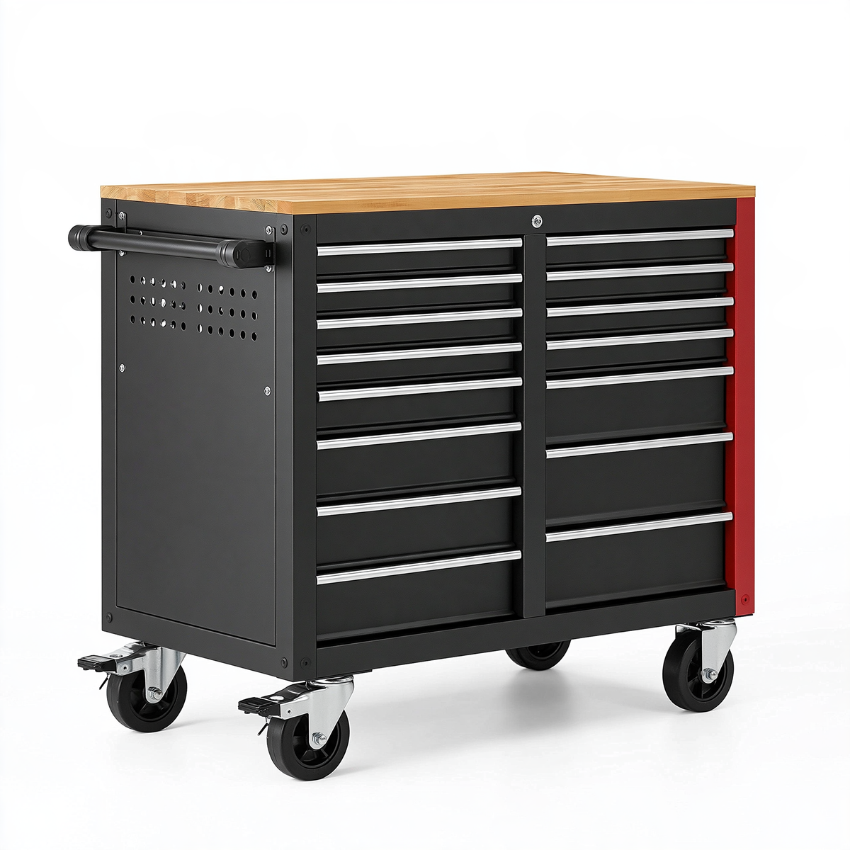 Carrello portautensili 72 x 46 x 96 cm in acciaio nero rosso con piano in legno e 14 cassetti