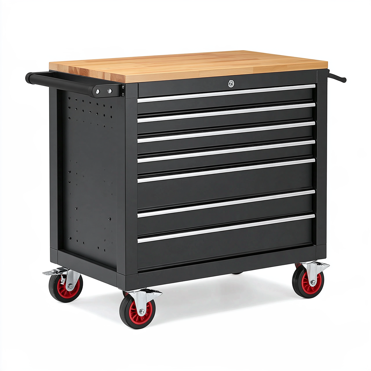 Carrello portautensili 70 x 46 x 97 cm in acciaio nero con piano in legno e 7 cassetti
