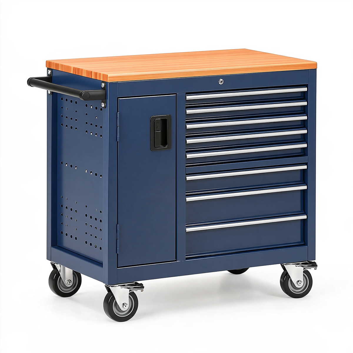Carrello portautensili 80 x 45 x 95 cm in acciaio blu con piano in legno e 7 cassetti mobili