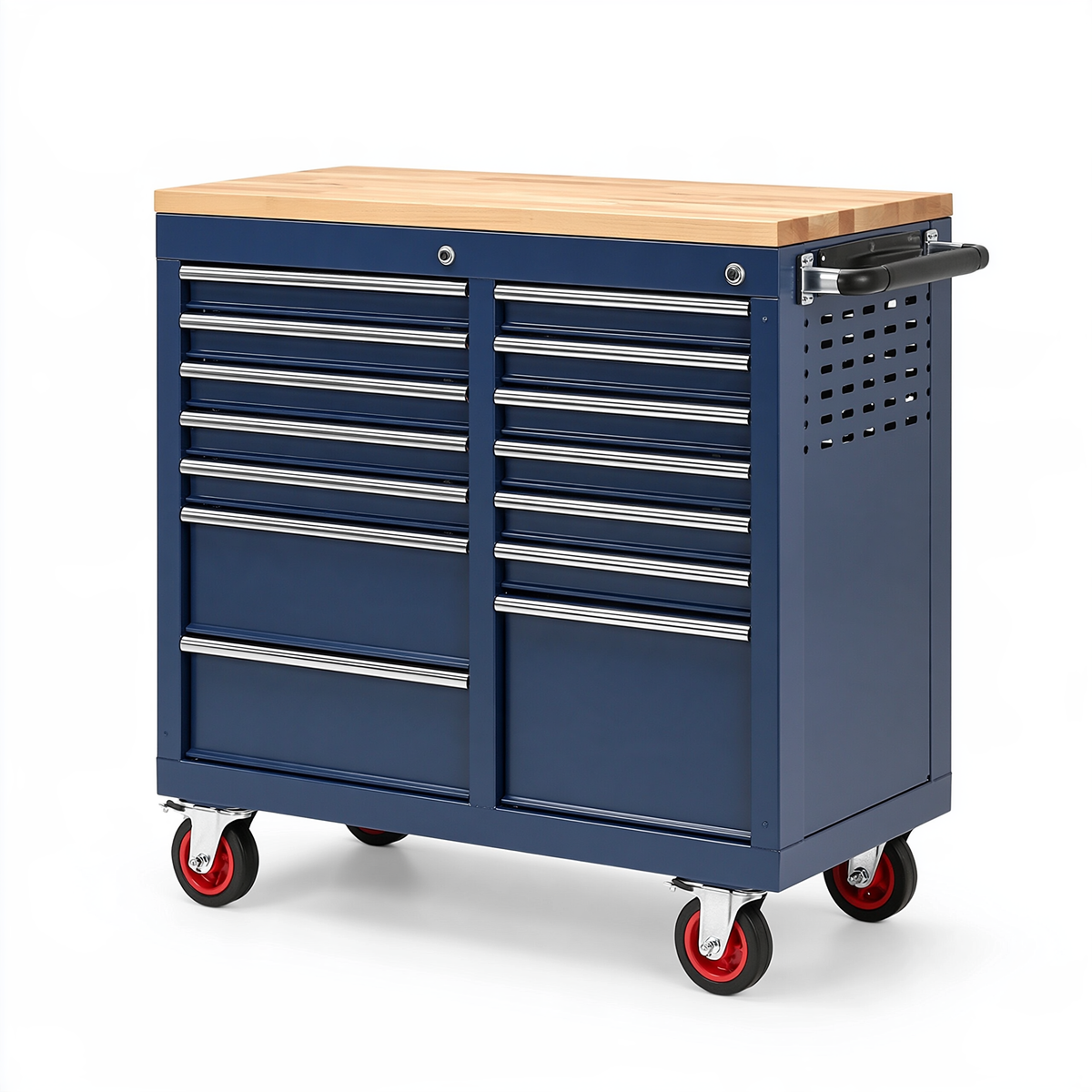 Carrello portautensili 110 x 55 x 95 cm in acciaio blu con piano in legno - mobile officina con 14 cassetti