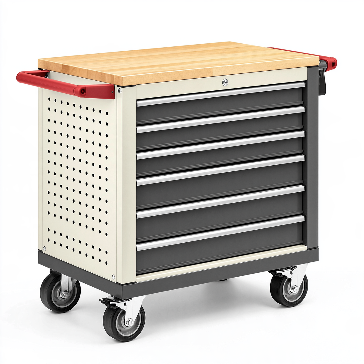 Carrello portautensili 77 x 46 x 92 cm in acciaio beige nero e rosso con piano in legno e 6 cassetti