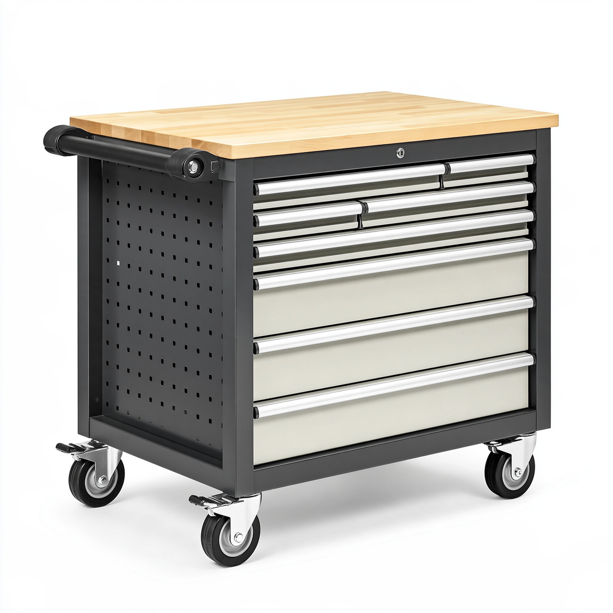 Carrello portautensili 77 cm 46 cm 95 cm in acciaio nero con piano in legno e 7 cassetti